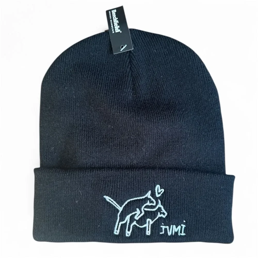 New Beechfield Black Beanie Cow Cheese Embroidery NWT Unisex Cuffed Winter Hat